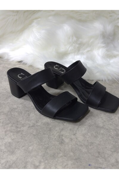 Allyup Papuci de damă negri de zi cu zi, cu bandă dublă, toc gros, vârf tocit...