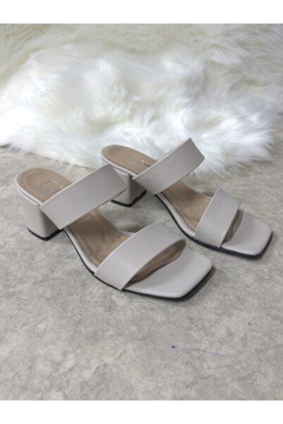 Allyup Daily Beige Women's Slippers Double Banded Thick Heel Blunt Toe Simple Comfortable Soft Sole 271