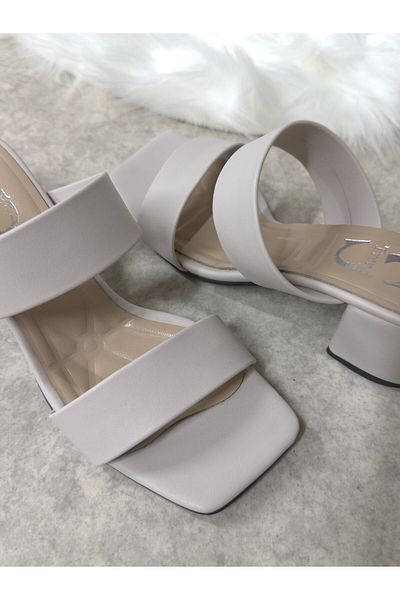 Allyup Daily Beige Women's Slippers Double Banded Thick Heel Blunt Toe Simple Comfortable Soft Sole 271