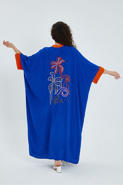 Hazinedan Rochie de damă, neagră, broderie cu palmier, guler cu nasturi, oversize, autentică