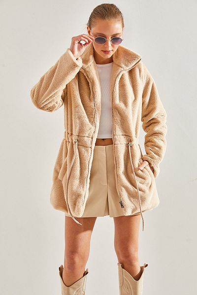 Bianco Lucci Women's Zippered Long Elastic Waist Fur Coat 204960141006