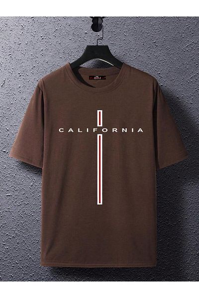Buğraterzimoda Καλιφόρνια εμπριμέ Crew Neck καφέ υπερμεγέθη μπλουζάκι