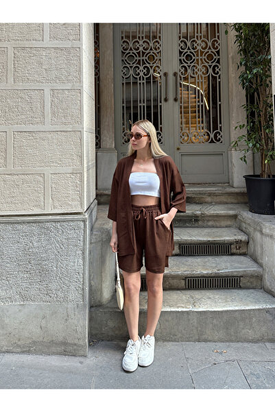 AFROGİYİM Női mintás, alacsony vállú kimonó szett rövidnadrággal