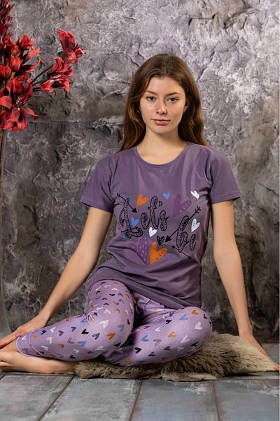 MEBA Set de pijamale din bumbac pieptănat cu mânecă scurtă, cu model de inimă violet, K803-159