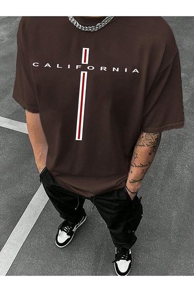 Buğraterzimoda Καλιφόρνια εμπριμέ Crew Neck καφέ υπερμεγέθη μπλουζάκι
