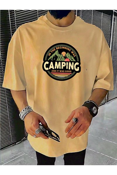 Buğraterzimoda Camping Με Τύπωμα Πλήρως Λαιμό Μπεζ Oversize T-Shirt