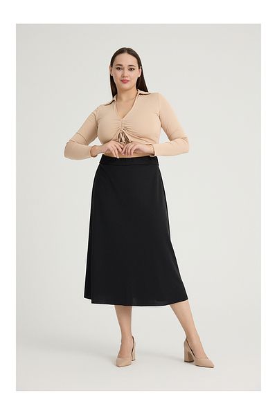 Gül Moda Women's Large Size Midi Flared Skirt Plain Black g112-4
