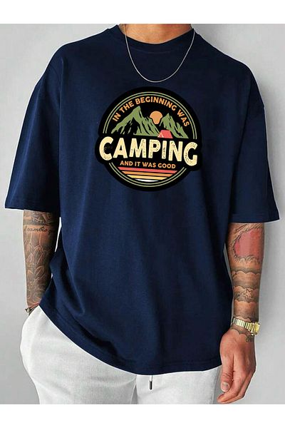 Buğraterzimoda Camping Printed Crew Neck Navy Blue Oversize T-Shirt