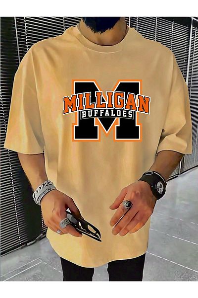 Buğraterzimoda Buffaloes Printed Crew Neck Beige Color Oversize T-Shirt