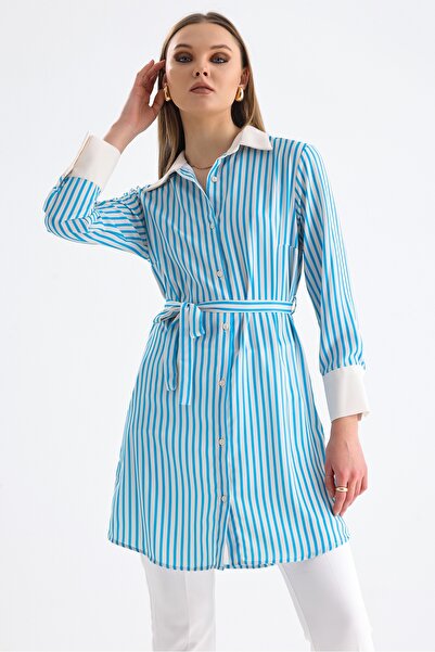 MD trend Жіноча довга сорочка-сукня з поясом і смужками
