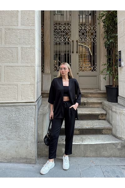 AFROGİYİM Γυναικείο Σετ τοπ και κάτω κιμονό με χαλαρή κοπή