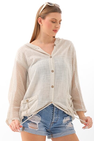 Chiccy Μπεζ μπουφάν με κουκούλα με διπλή τσέπη, πλενόμενο από βαμβακερό ύφασμα, φαρδιά κοπή