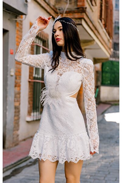 bontesel Nişan Elbisesi After Party Elbisesi Dış Çekim Elbisesi Nikah Elbisesi Beyaz  El işi Kısa Elbise