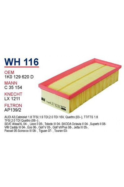 WUNDER AIR FILTER GOLF 5 1.9 - 2.0 - CADDY 3 1.9 TDI - JETTA 1.6 TDI - WH116 - 1K0129620F
