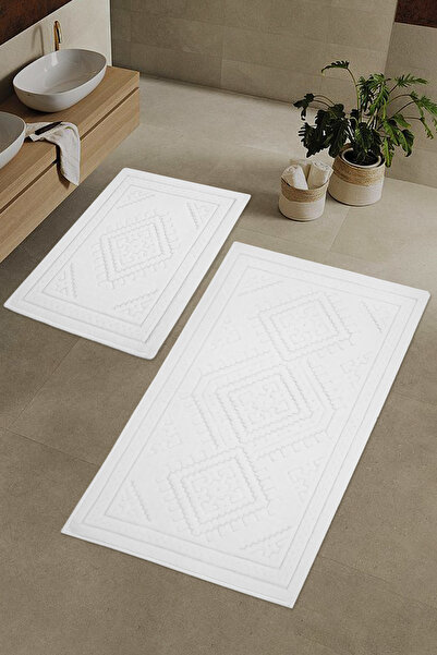 Zeria Home Set de 2 covorașe de baie din bumbac în carouri, lavabile și set p...