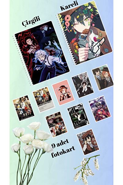 animeandyourworld bungou stray dogs defter 2 adet  çizgili ve kareli + 9 adet fotokart seti