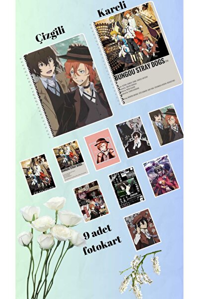 animeandyourworld bungou stray dogs defter 2 adet  çizgili ve kareli + 9 adet fotokart seti