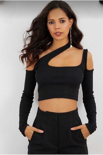 charango Women's Asymmetrical Shoulder And Chest Detail Long Sleeve Cutout Crop Finger Flap Blouse