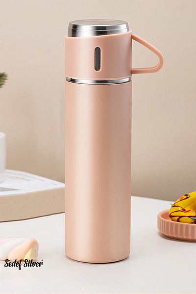 SEDEF SİLVER 304 Stainless Steel Vacuum Open Close Gasket Thermos Flask with Lid and Glass 450 ml 527