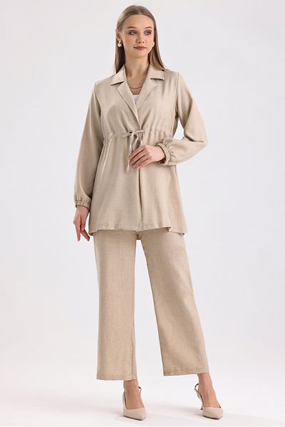 MD trend Women's Waist Drawstring Lace-up Oversize Tunic and Wide Leg Trousers Double Linen Set