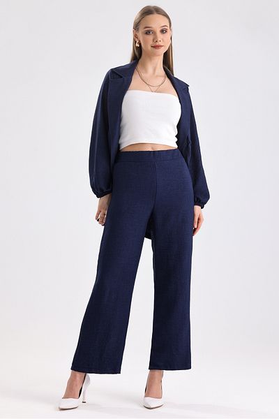 MD trend Women's Waist Drawstring Lace-up Oversize Tunic and Wide Leg Trousers Double Linen Set
