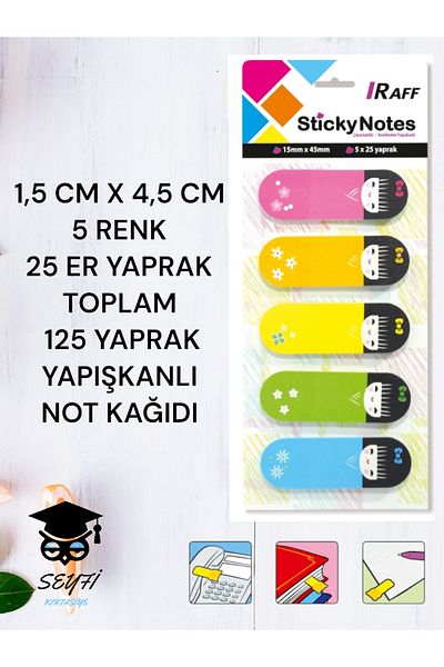 SEYFİKİRTASİYE 1.5 CM X 4.5 CM 5 COLOR 25 ER SHEETS TOTAL 125 SHEETS ADHESIVE NOTE PAPER
