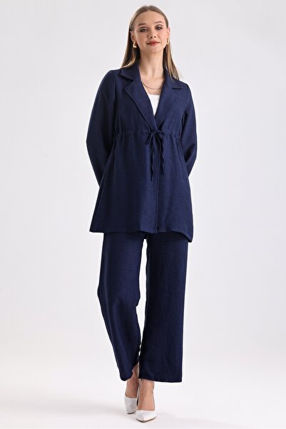 MD trend Women's Waist Drawstring Lace-up Oversize Tunic and Wide Leg Trousers Double Linen Set