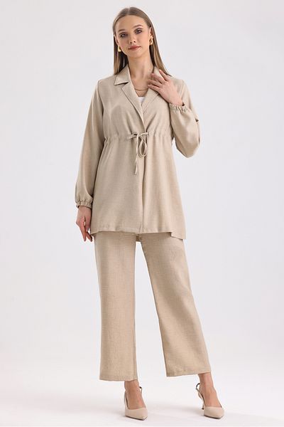 MD trend Women's Waist Drawstring Lace-up Oversize Tunic and Wide Leg Trousers Double Linen Set