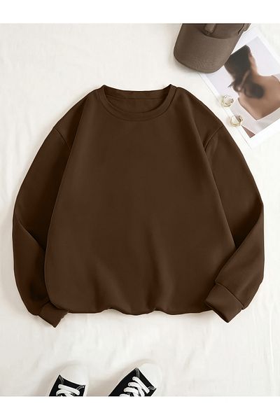 mw memowear Φούτερ Unisex 2ip Crew Neck Καφέ Oversize Boyfriend