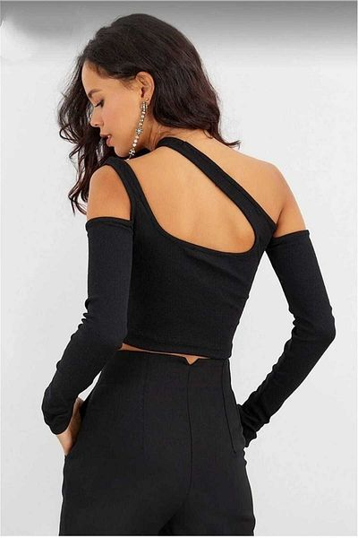 charango Women's Asymmetrical Shoulder And Chest Detail Long Sleeve Cutout Crop Finger Flap Blouse