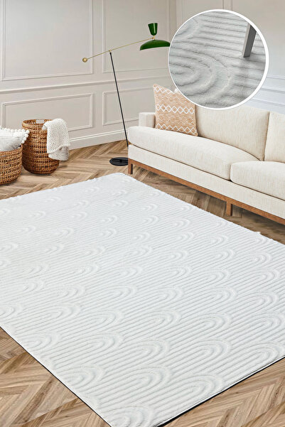 COZIE HOME Beyaz Soft Tüylü Kabartmalı Ince Peluş Halı Salon Halısı Yatak Oda...