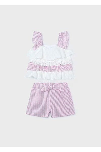MAYORAL Girl's 2-Piece Striped and Ruffle Shorts Set Pink