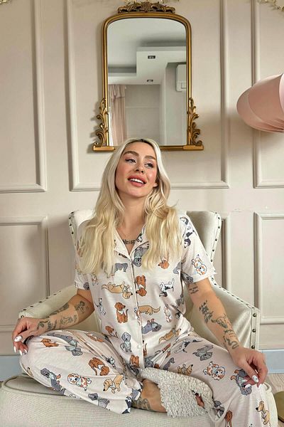 Pijamaevi Kurzärmliges Damen-Pyjama-Set mit Labrador-Muster und Knopfleiste vorne