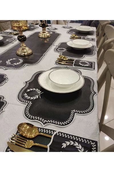 Bonny Home Başak Black Silver 12-Person 37 Piece Runner Set Dining Presentation Set Table Cloth Embroidered Leather