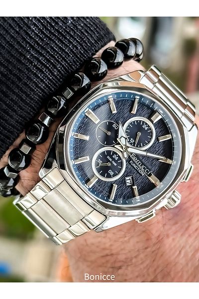 Ferrucci Functions Active Steel Band, Silver Color, Navy Blue Dial, Men's Wrist Watch Bracelet with Calendar