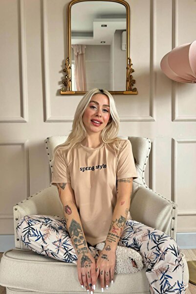 Pijamaevi Salmon Spring Style Patterned Short Sleeve Knitted Women's Pajamas Set