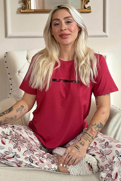 Pijamaevi Pletené dámské pyžamo s krátkým rukávem Claret Red SunShine