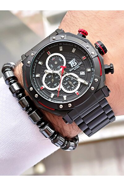 T5 Saat T5 Marka Siyah Renk İç Aksamları Aktif 2 Yıl Garantili Erkek Kol Saati - Bileklik Hediyeli