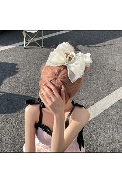 QUEEN AKSESUAR Imported Luxury Large Big Giant Organza Tulle Bow Feathered Rhinestone Clothespin Clip Buckle Beige Cream White