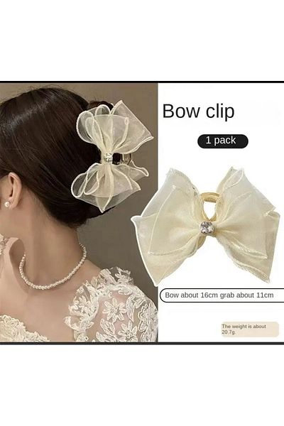 QUEEN AKSESUAR Imported Luxury Large Big Giant Organza Tulle Bow Feathered Rhinestone Clothespin Clip Buckle Beige Cream White