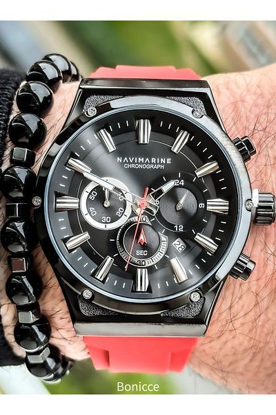 Navimarine Brand Red Silicone Cord Functions Active Men's Wrist Watch+bracelet