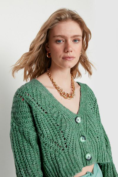 Trendyol Collection Mintfarbener Strick-Cardigan mit kurzen Knöpfen und Details TWOAW21HI0017