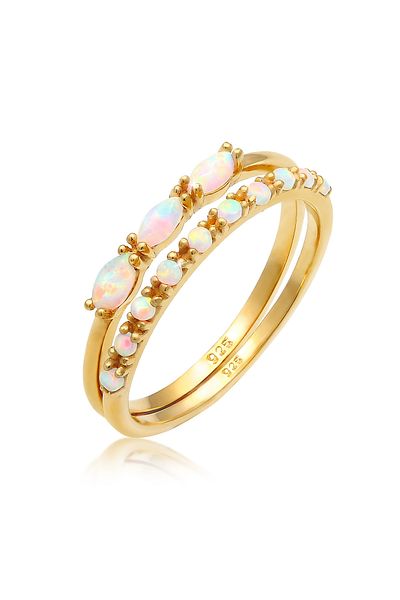 ELLI Ring Double Elegant mit synthetischem Opal in 925 Sterling Silber vergoldet