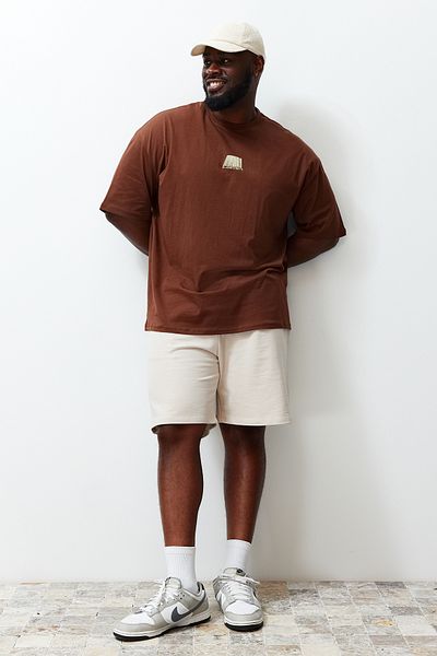 Trendyol Collection Brown Oversize Large Size Cotton Text Printed T-Shirt - TMNSS24BF00015