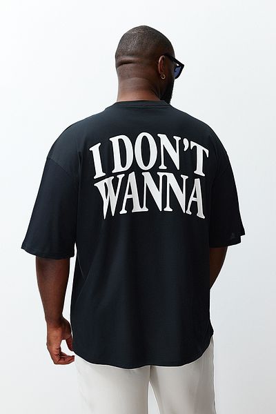 Trendyol Collection Large Size Black Oversize Text Printed 100% Cotton T-Shirt Tmnss24Bf00031