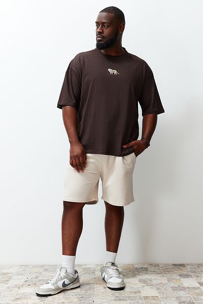 Trendyol Collection Large Size Dark Brown Oversize Animal Print and Embroidery 100% Cotton T-Shirt Tmnss24Bf00018