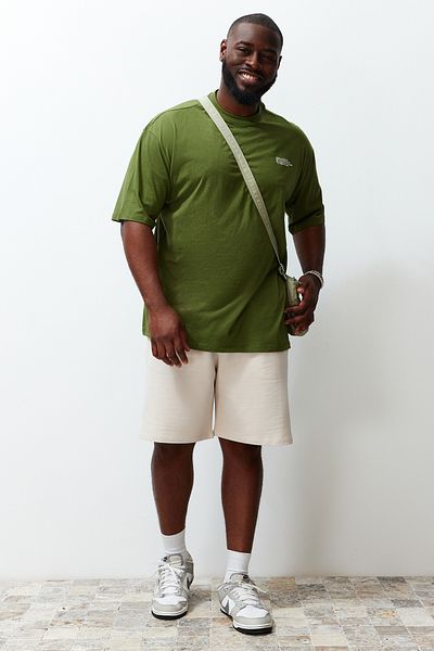 Trendyol Collection Plus Size Khaki Oversize/Wide Fit 100% Cotton Comfortable Minimal Printed T-Shirt Tmnss24Bf00011