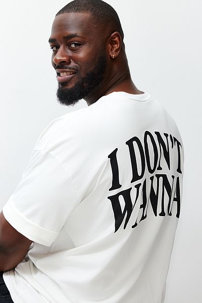 Trendyol Collection Large Size White Oversize Text Printed 100% Cotton Comfortable T-shirt TMNSS24BF00031