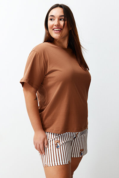 Trendyol Curve Καφέ Σετ Πιτζάμες Ζευγάρι Πλεκτό με σχέδιο TBBSS24AI00044