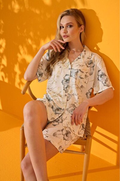 Deep Homewear طقم بيجامة نسائي 100% قطن كريمي منقوش بالزهور بأكمام قصيرة مع شورت